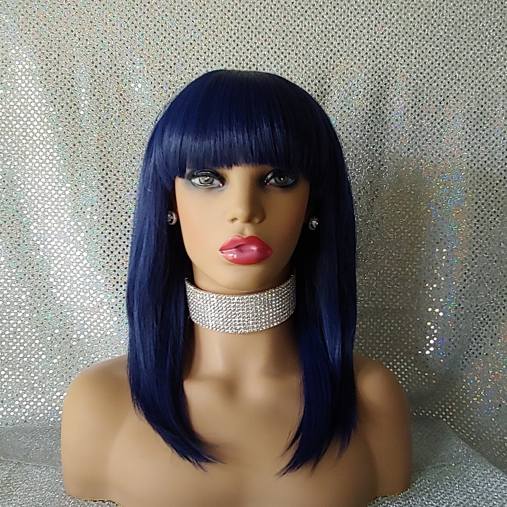 Blue wig with bangs.